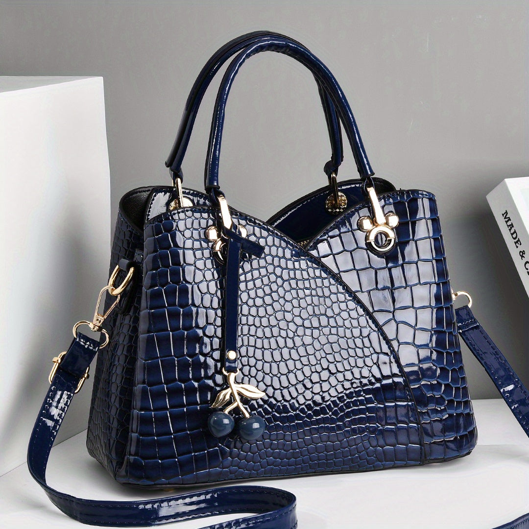 Crocodile Embossed Tote Bag with Cherry Pendant PU Checkered Zipper Closure