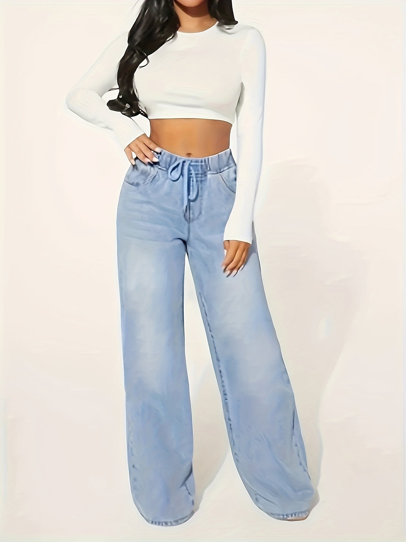 Blue Denim Wide Leg Jeans with Drawstring Waist for Casual Fall Style