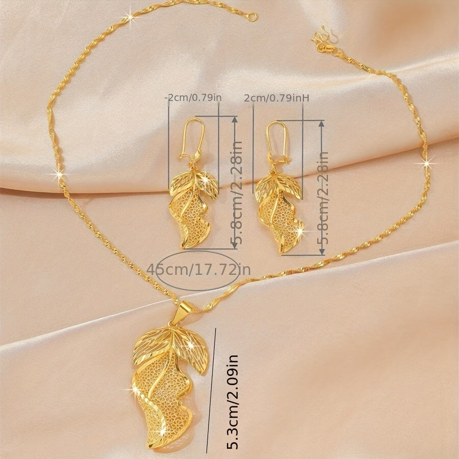 Wedding Jewelry Set with Hollow Leaf Earrings and Necklace 2 Pieces