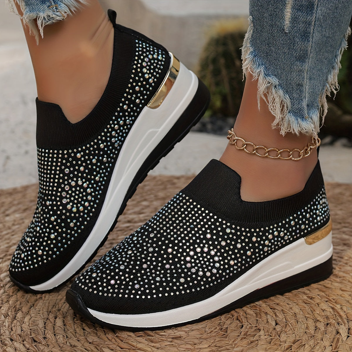 Women's Rhinestone Decor Platform Sneakers Casual Slip-On Outdoor Shoes