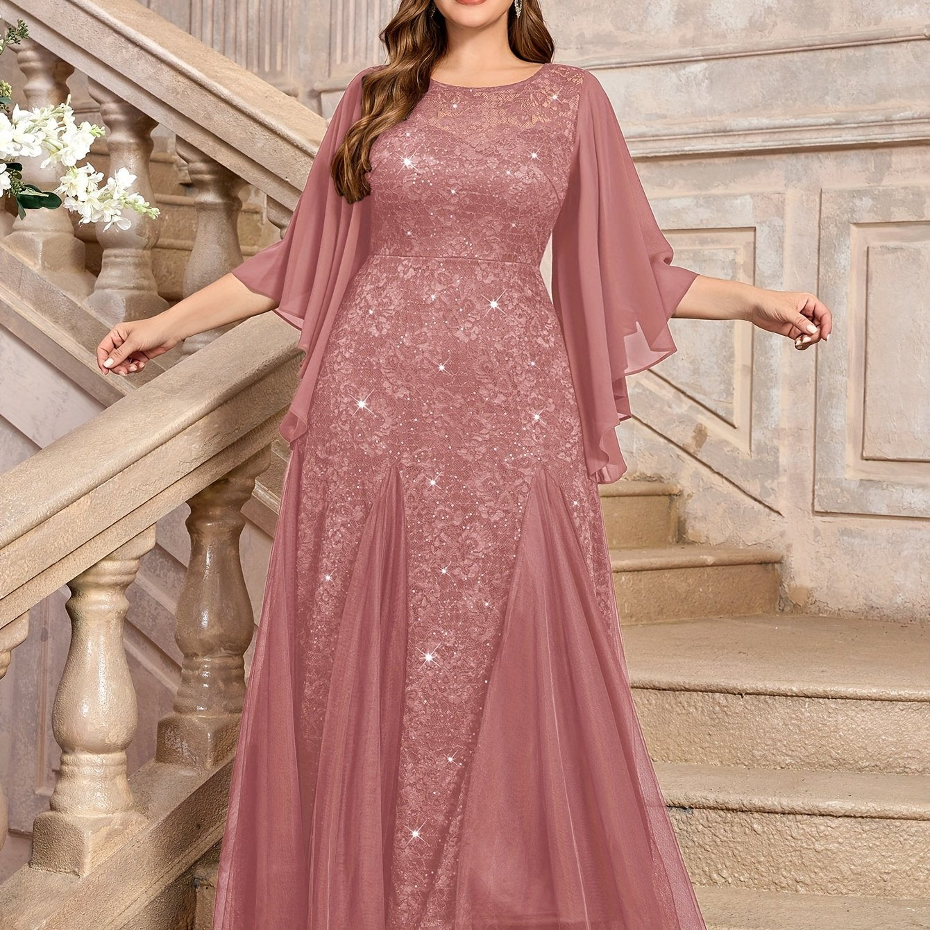 Elegant Floral Mermaid Dress with Butterfly Sleeves Sequin Lace Mesh Evening Gown