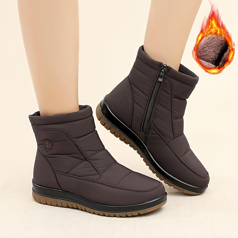 Women's Fleece-Lined Winter Boots - Black Slip-Resistant PU Sole Outdoor