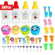 38-Piece Kids Lunch Accessories Set with Animal and Fruit Fork Picks Salad Dressing Squeeze Bottles Bento Box Decorations