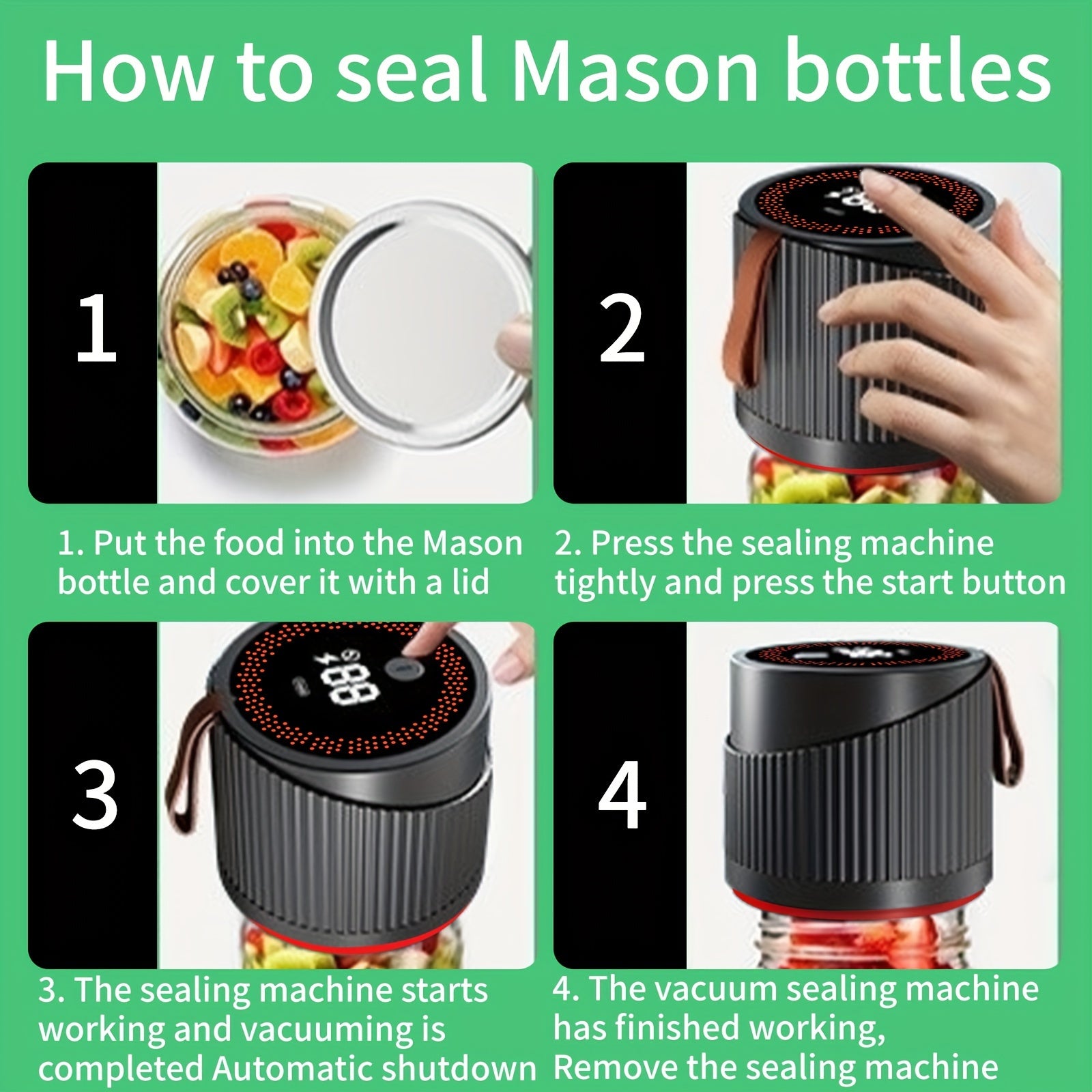 Mason jar vakuum yopishtiruvchi to'plami yangi oziq-ovqat saqlash va konservalash uchun, foydalanish oson va USB orqali qayta zaryadlanadi, oddiy va keng og'izli bankalar bilan mos keladi.