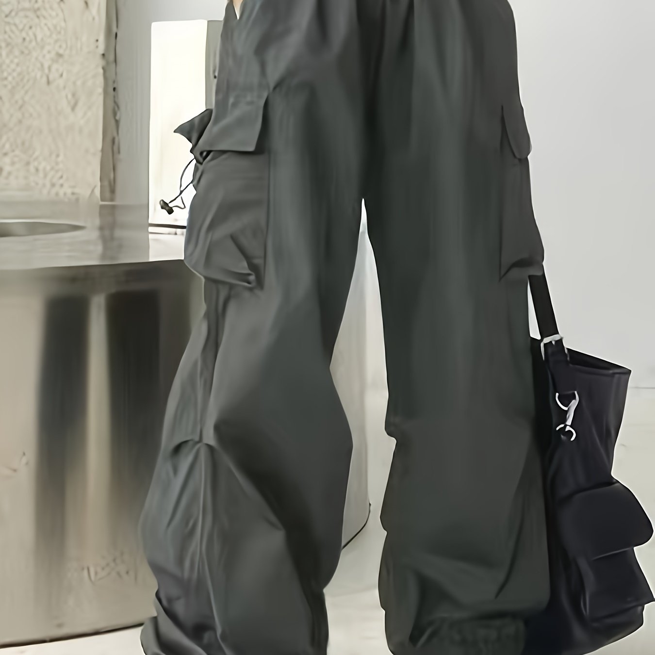Women’s Polyester High-Waist Wide-Leg Cargo Pants with Pockets Beige