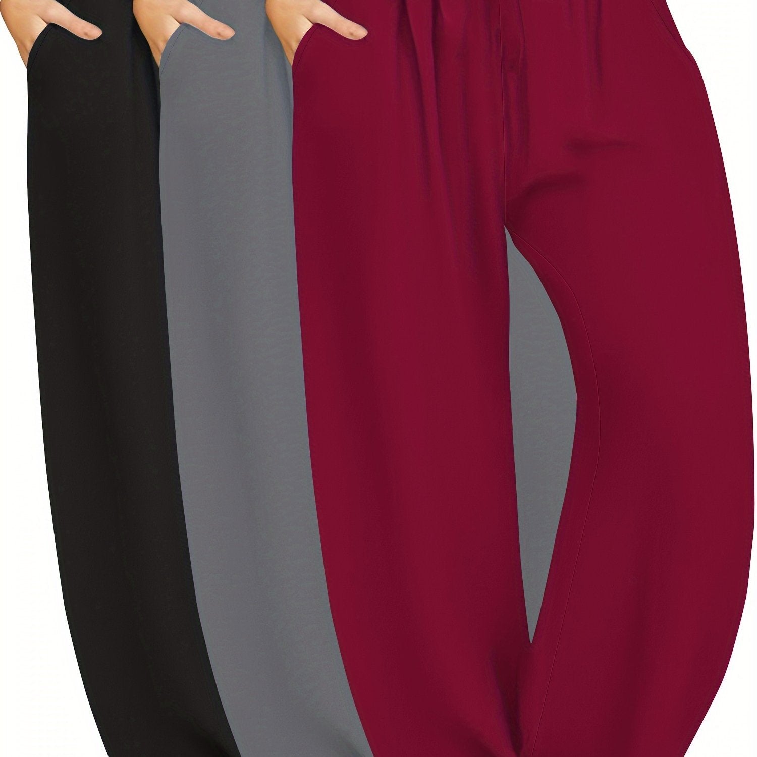 Plus Size High Waist Wide Leg Pants with Pockets and Drawstring in Solid Color 3-Pack