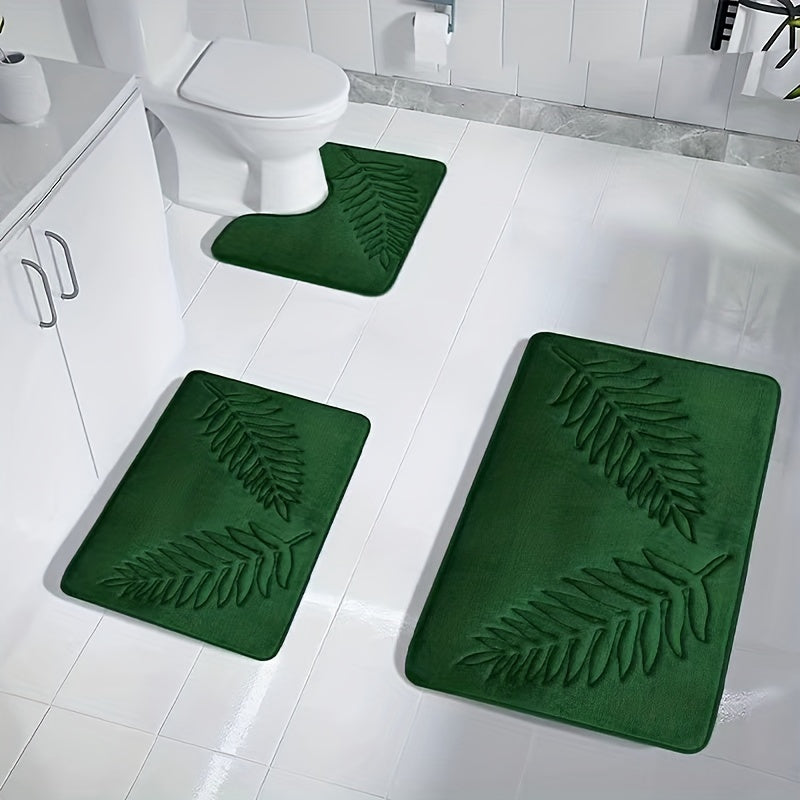 Green Leaf Pattern Bath Rug Set with Toilet U-Shaped Mat and Shower Carpet for Bathroom and Kitchen