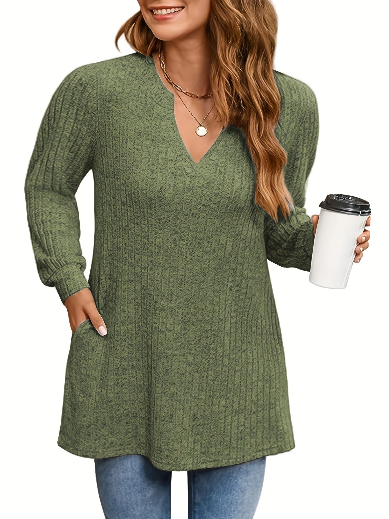 Women's Plus Size Knit Sweater Long Sleeve V-Neck Pockets Fall Winter