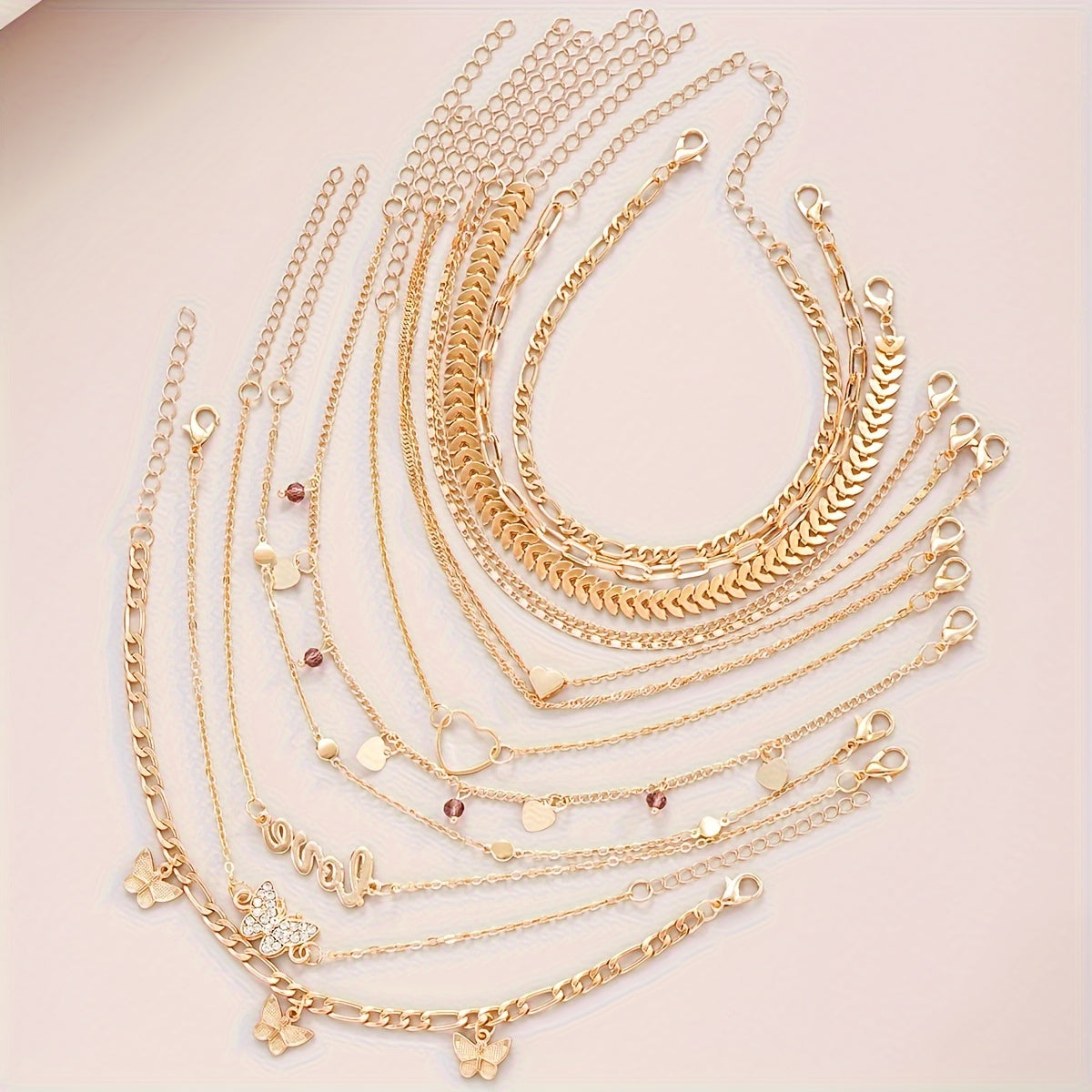 13-Piece Gold-Tone Anklet Set with Butterfly and Love Charms Adjustable Foot Jewelry for Women