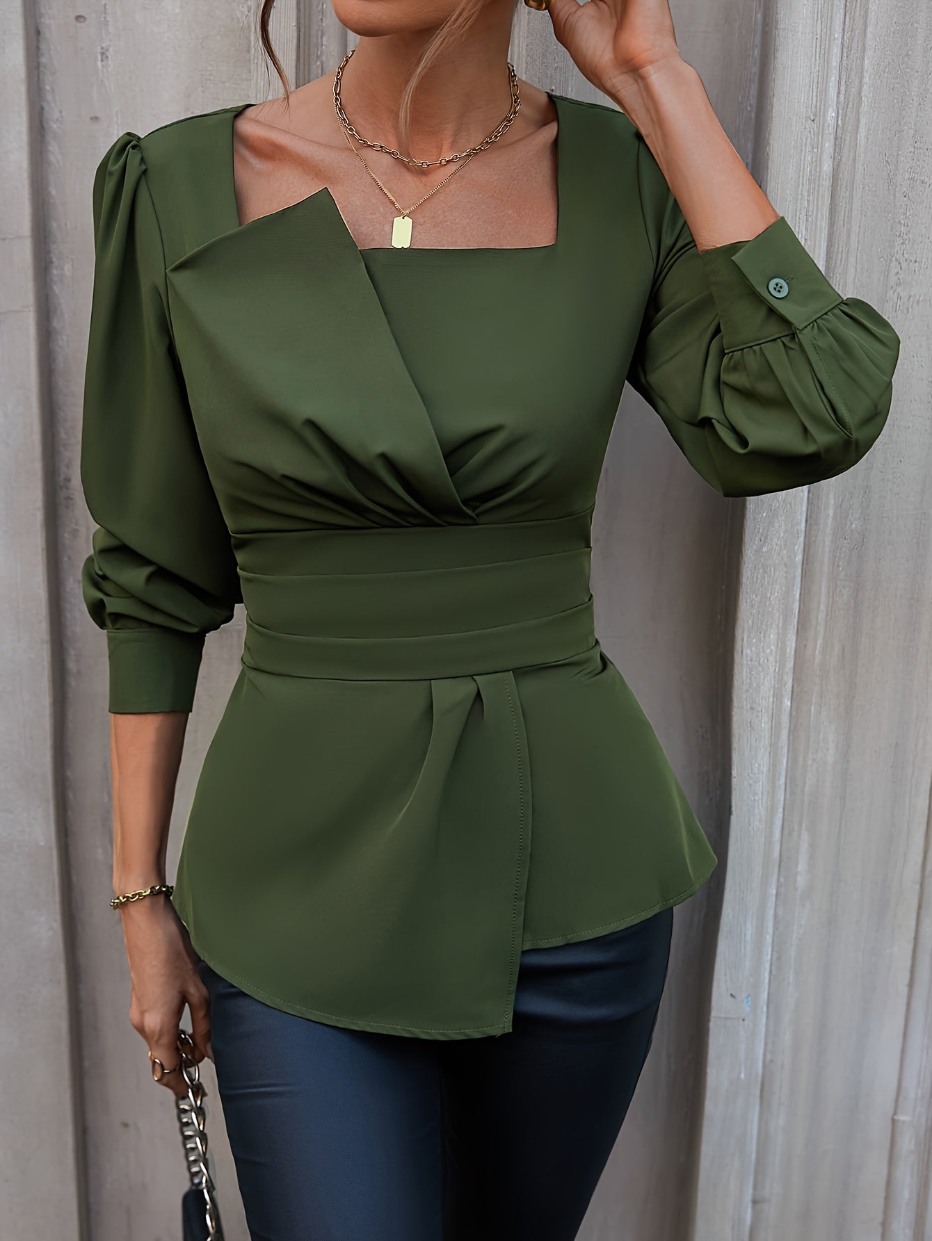 Women's Olive Green Blouse with Square Neck Puff Sleeves Asymmetric Hem for Spring Summer