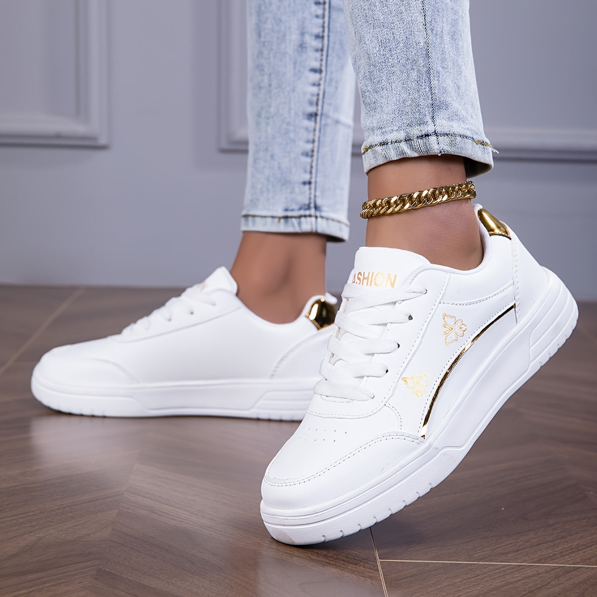 Women's Casual White Low-Top Sneakers with Gold Accents