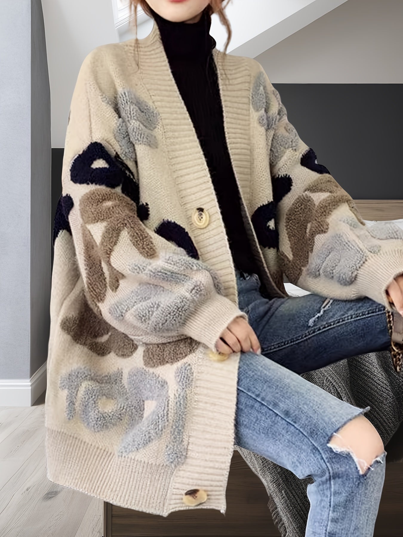 Кардиган женский больших размеров из трикотажа с V-образным вырезом, пуговицами, длинными рукавами, уютный свитер