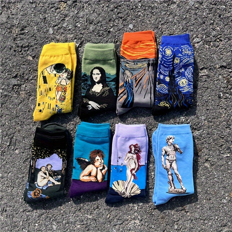 Men's Cotton Blend Crew Socks with Starry Sky and Oil Painting Designs
