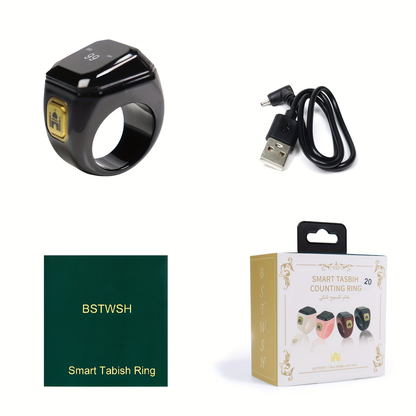 Black Smart Zikr Ring with 0.49 Inch Display Wireless Prayer Counter Compass and App Control
