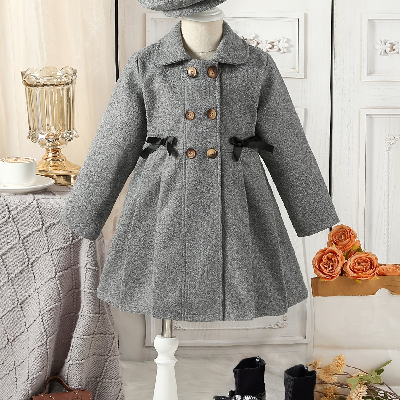 Girls Casual Polyester Trench Coat with Lapel Collar Double-Breasted Bow and Hat