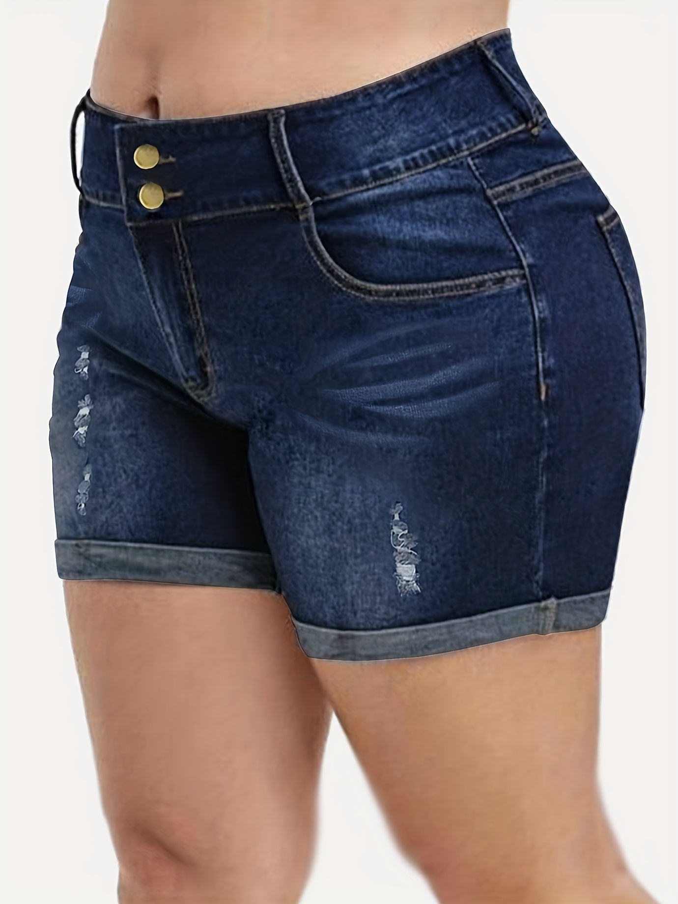 Plus Size Women's Denim Shorts Ripped Mid-Stretch CuffedSummer Casual