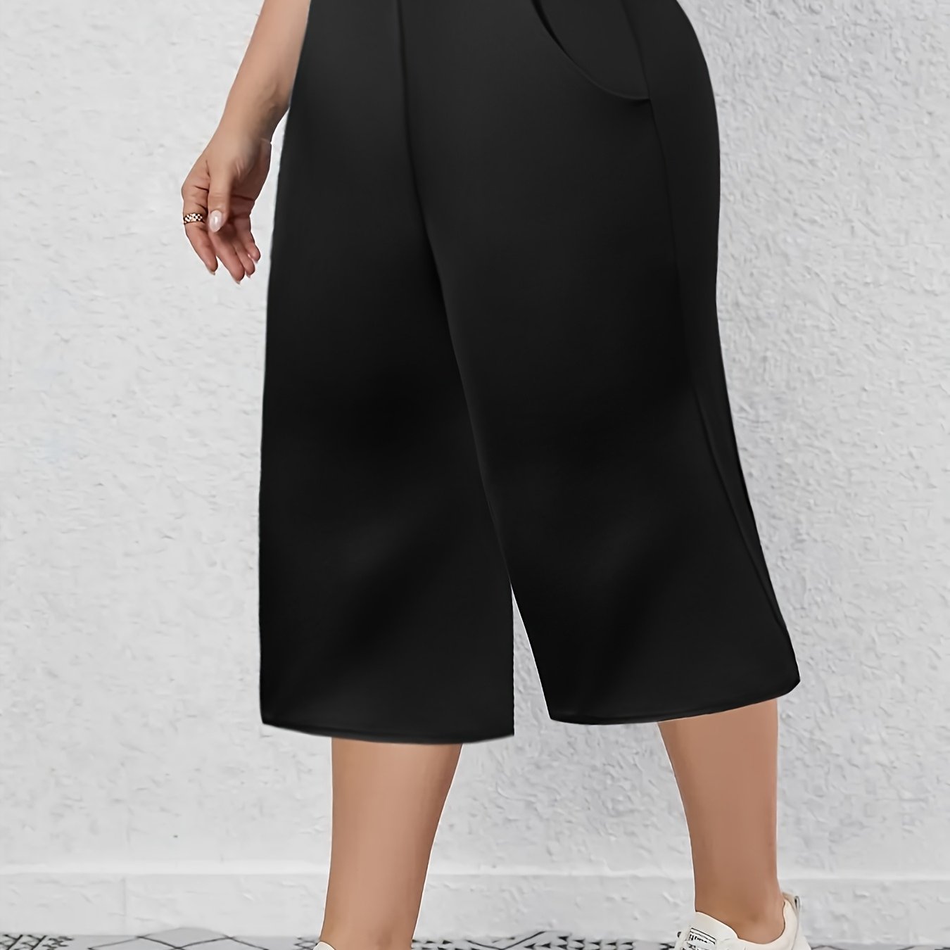 Plus Size Stretchy Black 3/4 Sleeve Straight Leg Pants Casual Wear