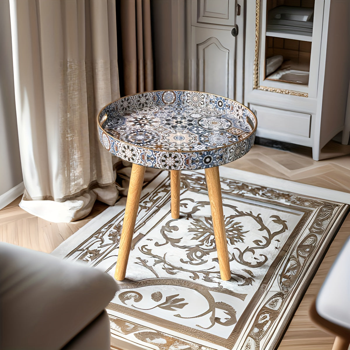 Decorative Sculpture and Wooden Tray with Detachable Legs for Bohemian Coffee Table