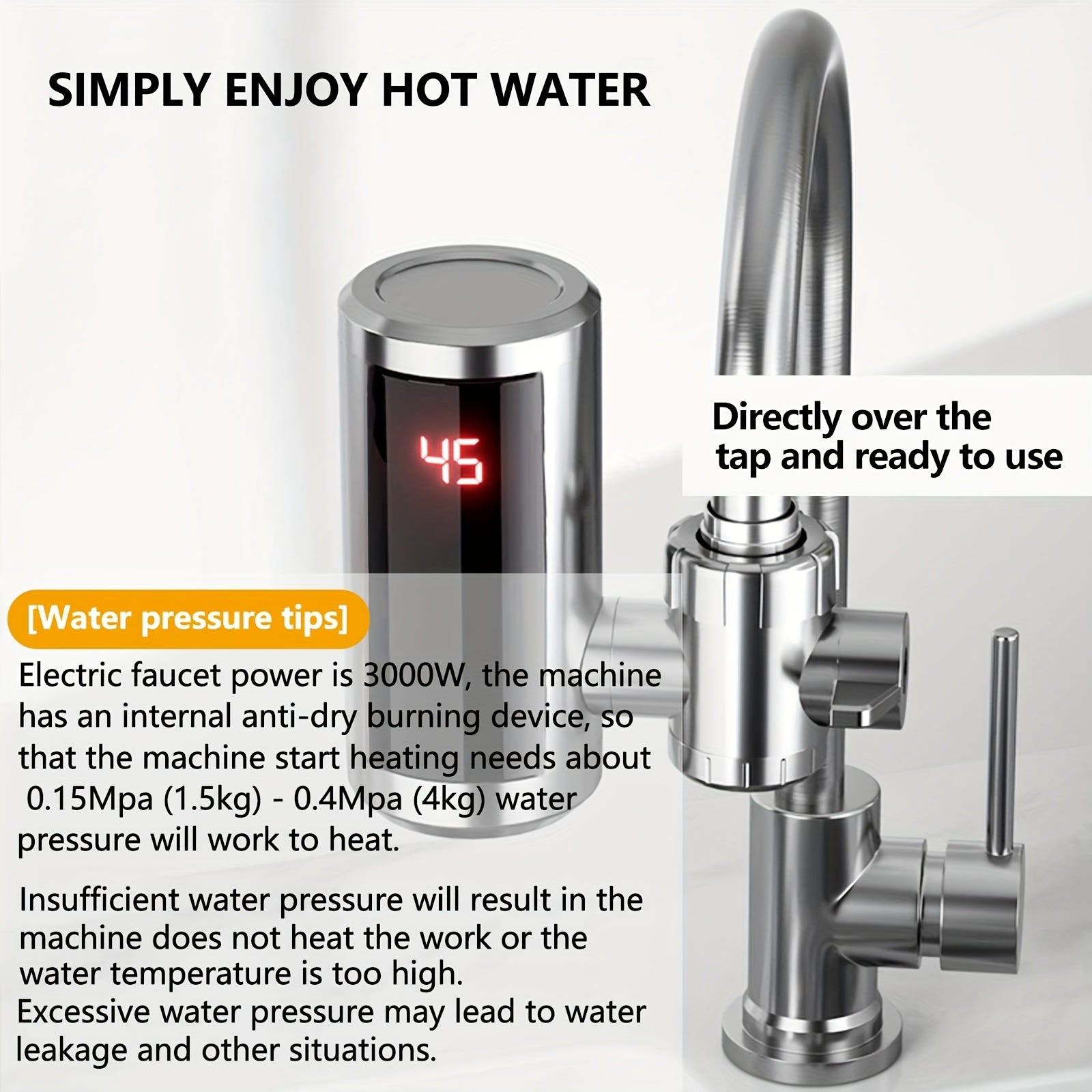 Electric Kitchen Faucet with Hot and Cold Water, 3000W, Metal Finish