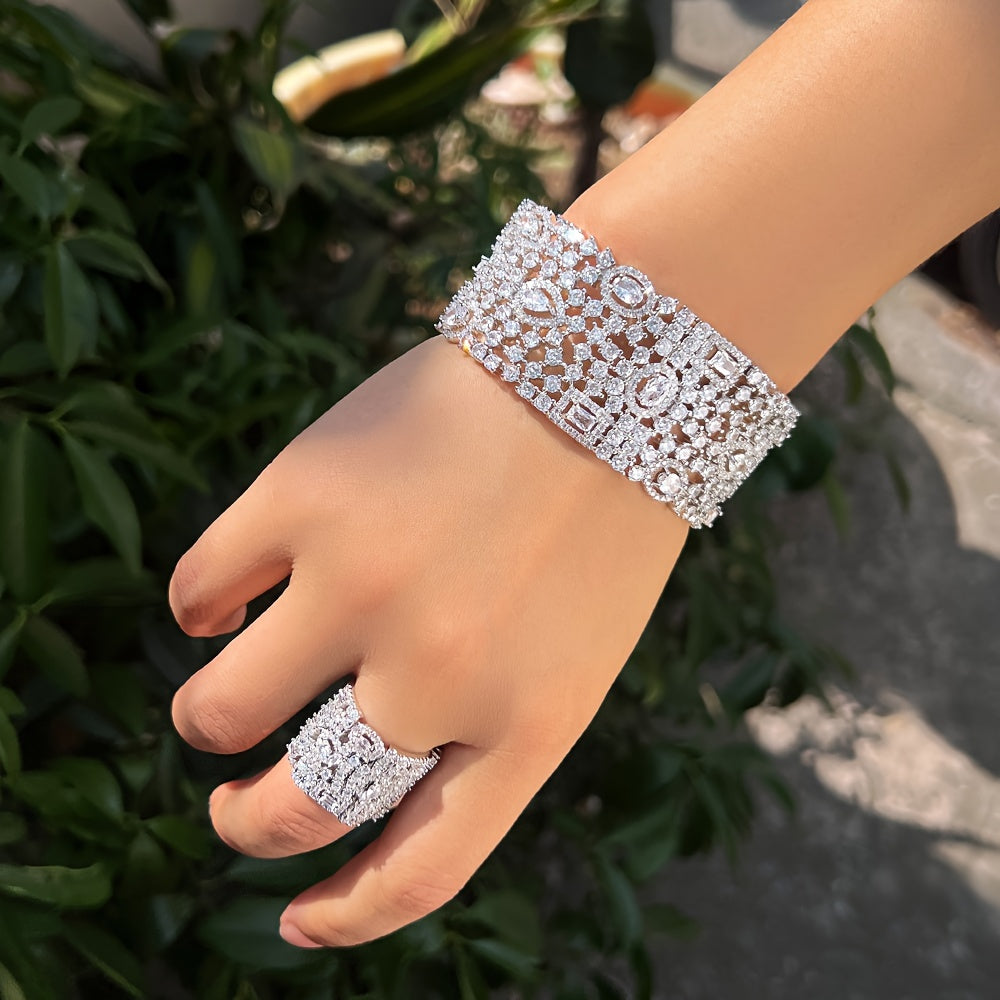 Women’s Zirconia Cuff Bracelet and Ring Set for Weddings and Formal Events
