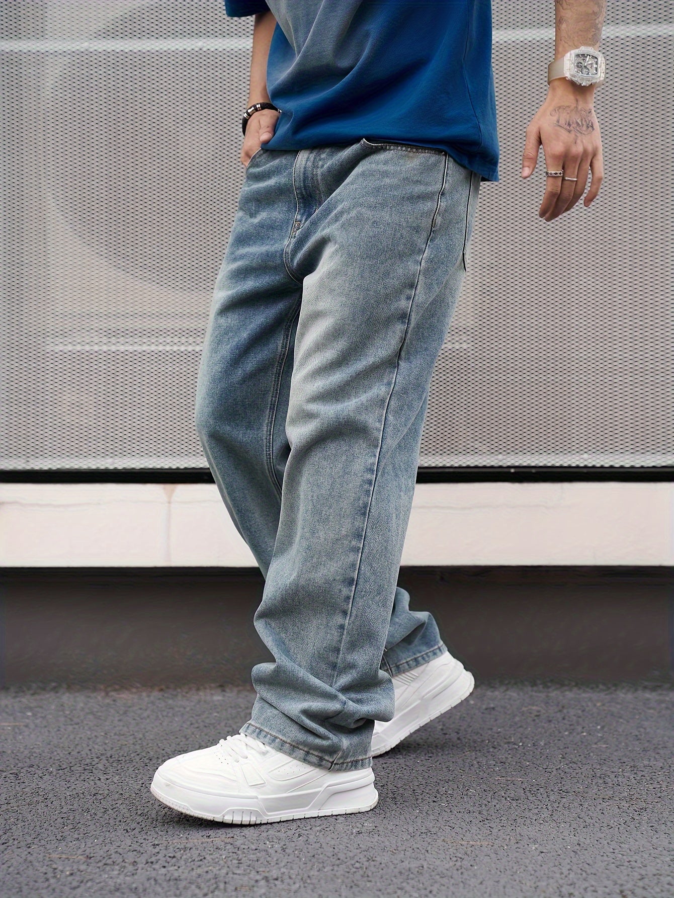 Jeans de mezclilla lavada de corte recto casual para hombre, ajuste regular