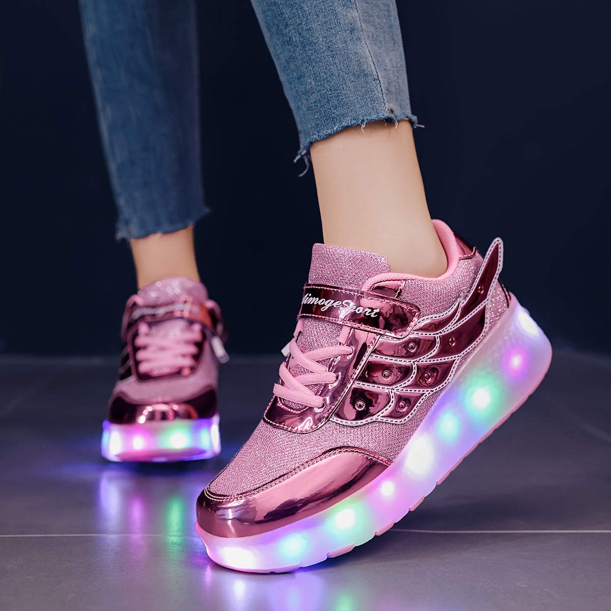 Pink Glitter LED Roller Skates for Girls and Boys with Mesh Upper and Sequins
