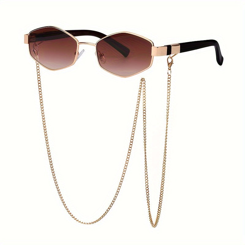 Vintage Hiphop Polygon Metal Glasses with Anti Glare Sun Shades and Chain for Women