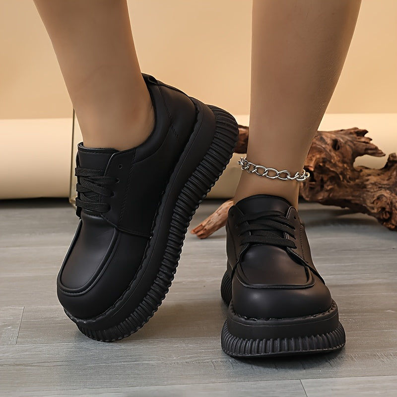 Women's Platform Oxford Shoes Black Lace-Up Chunky Sole Casual Office Loafers