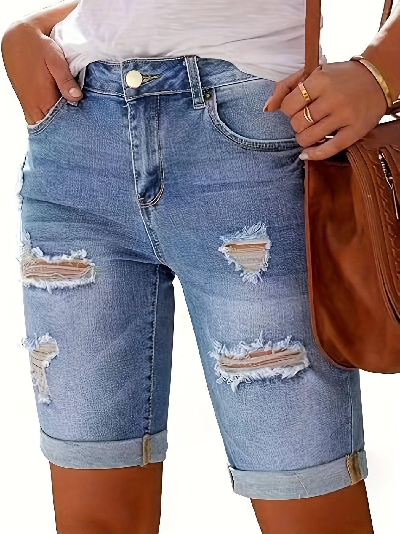 Plus-Size Women's Ripped Denim Shorts High Waist Light Blue Summer