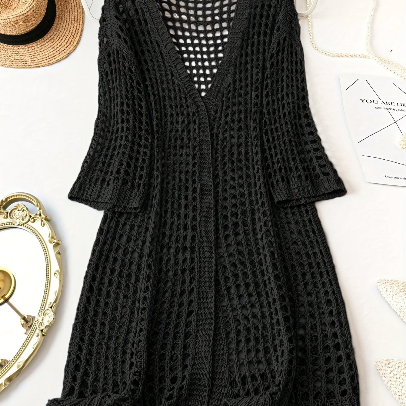 Women Plus Size V-Neck Cardigan Acrylic Hollow Knit Solid Spring Summer