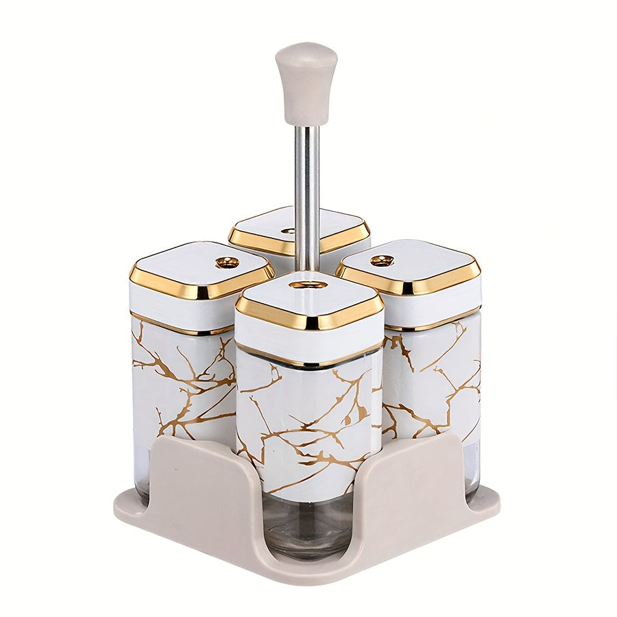 Glass Oil and Vinegar Dispenser Set with Salt and Pepper Shakers and Marble Stand