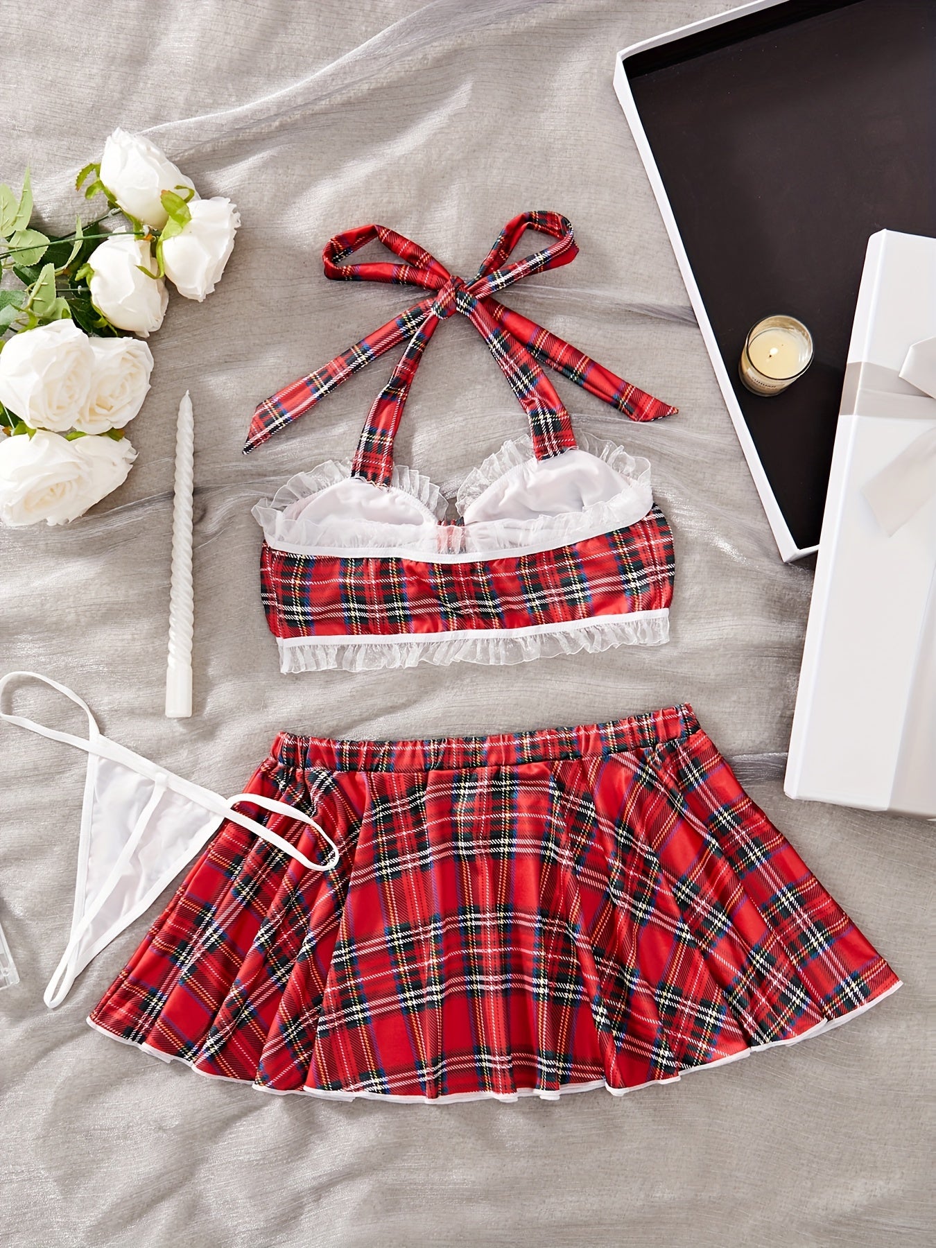 Women's Floral Plaid Halter Neck Lingerie Set with Tie Details