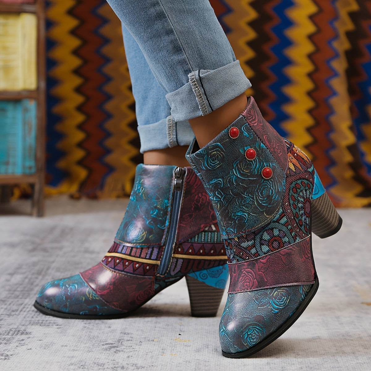Women Bohemian Ankle Boots Fabric Insole Block Heel with Floral Patterns