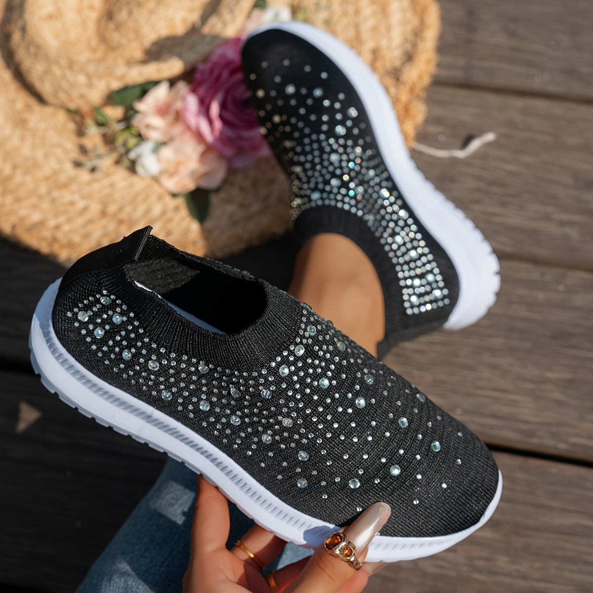 Women's Breathable Slip-On Casual Sneakers with Sparkling Crystal Accents