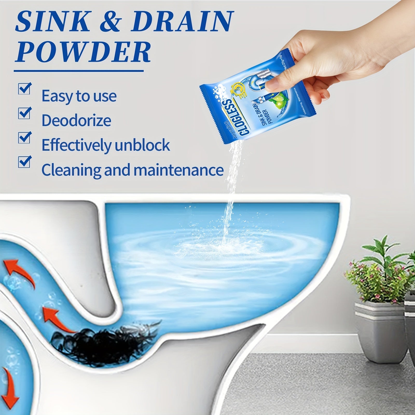 Drain Unclogging Powder for Toilets and Pipes, Fast-Acting, Bathroom and Kitchen Use