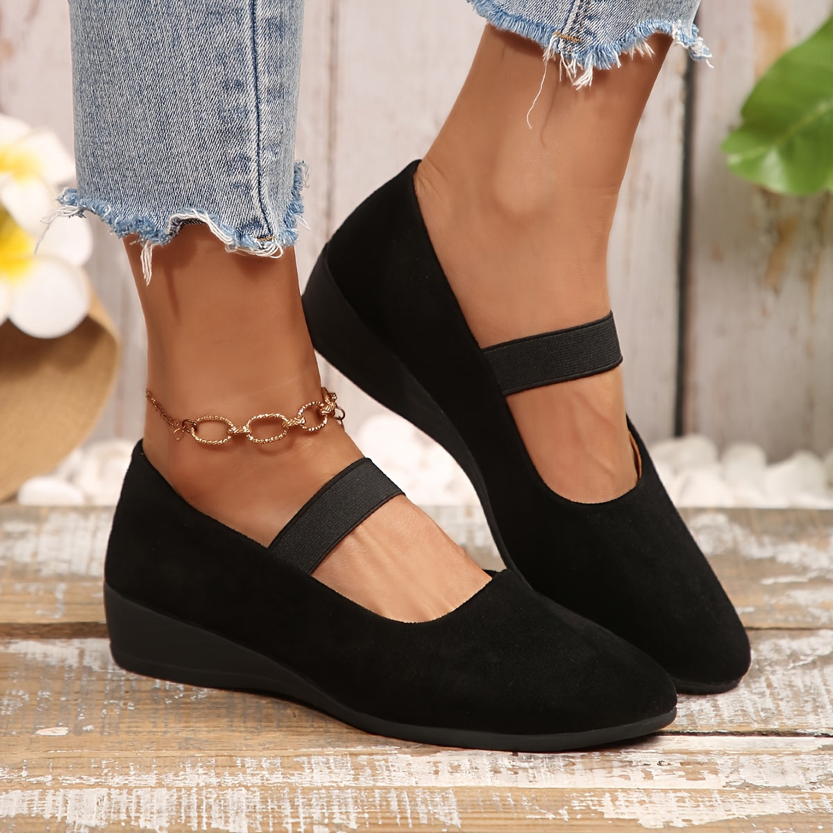 Women's Black Slip-On Wedge Heeled Shoes with Cushioned Insole and Rubber Sole