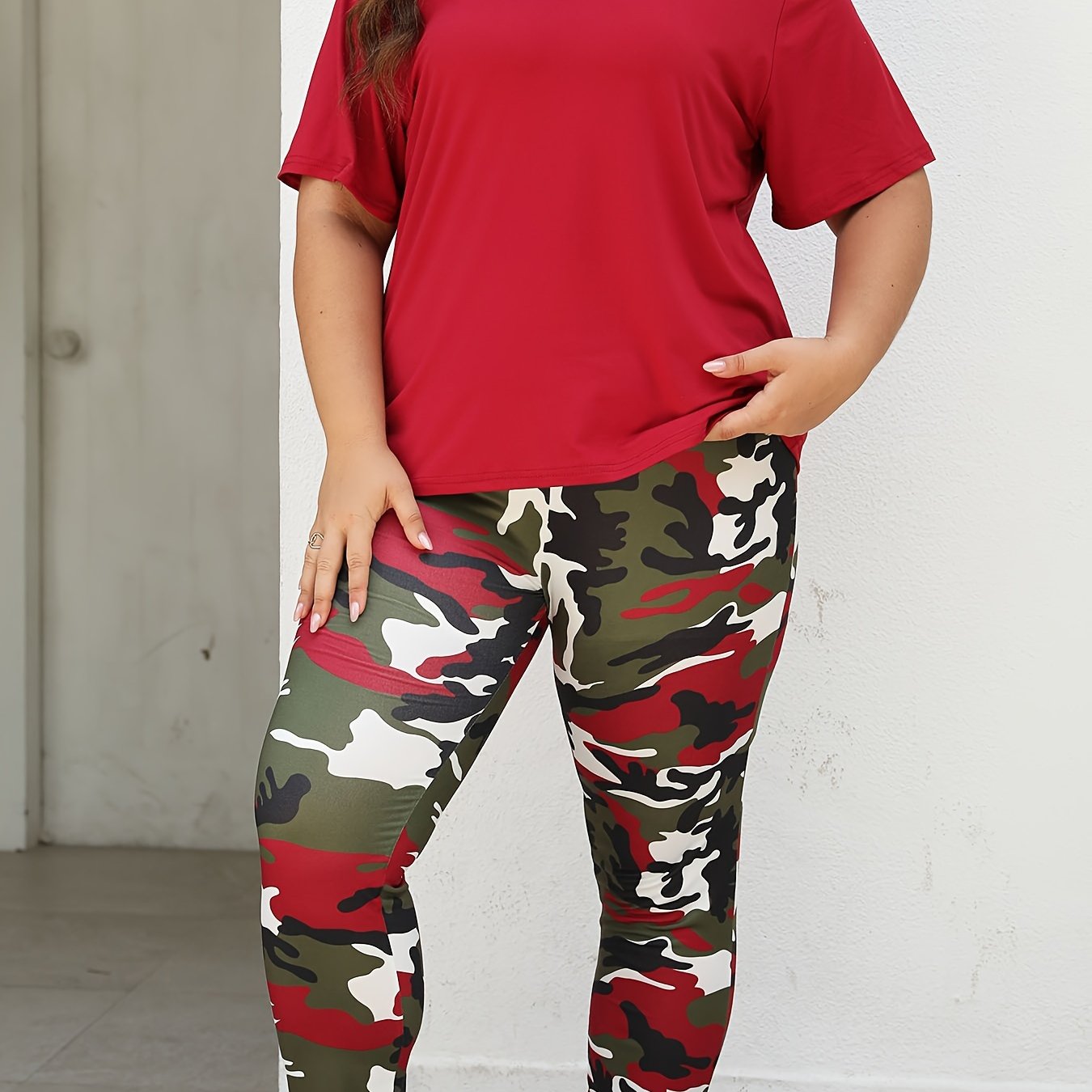 Women Plus Size Activewear Set Camouflage Top Pants 2 Pieces
