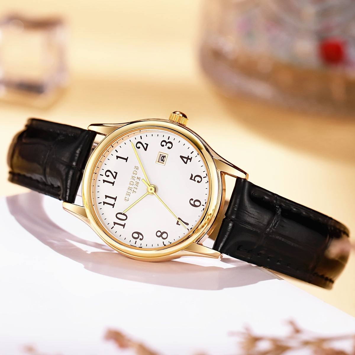 Women's Elegant Watch Faux Leather Strap Calendar Automatic Quartz Digital Sleek Design