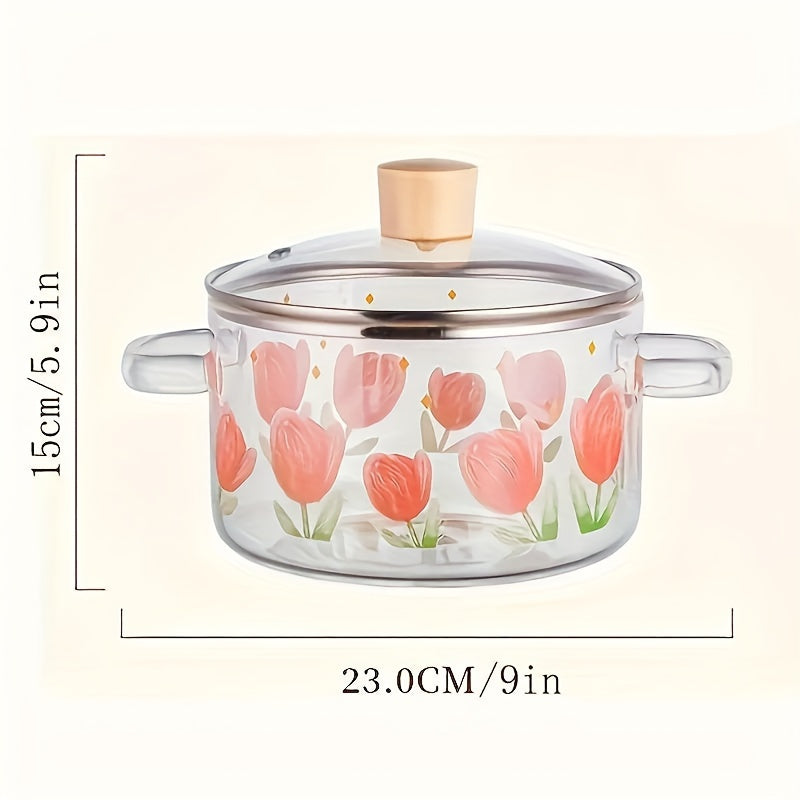 Glass Soup Pot with Tulip Print, Heat-Resistant Pad, 5 Sponge Brushes, Non-Stick, Electric Stove Compatible