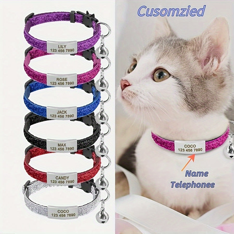 Personalized Adjustable Cat Collar with Bell and Engraved ID Tag for Kittens and Puppies