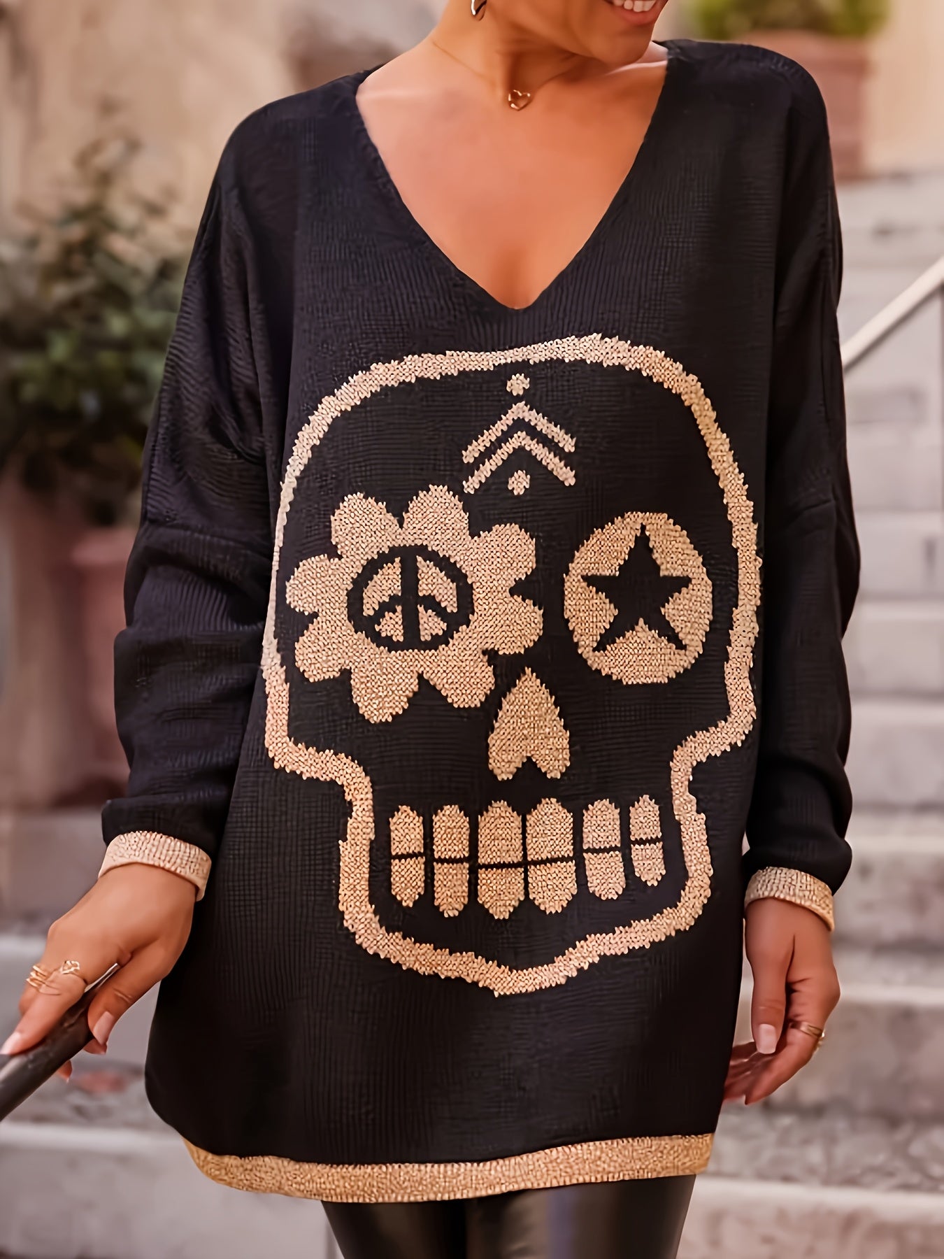 Plus-Size Women's Sweater V-Neck Skull Floral Geometric Long Sleeve Loose Fit Pullover