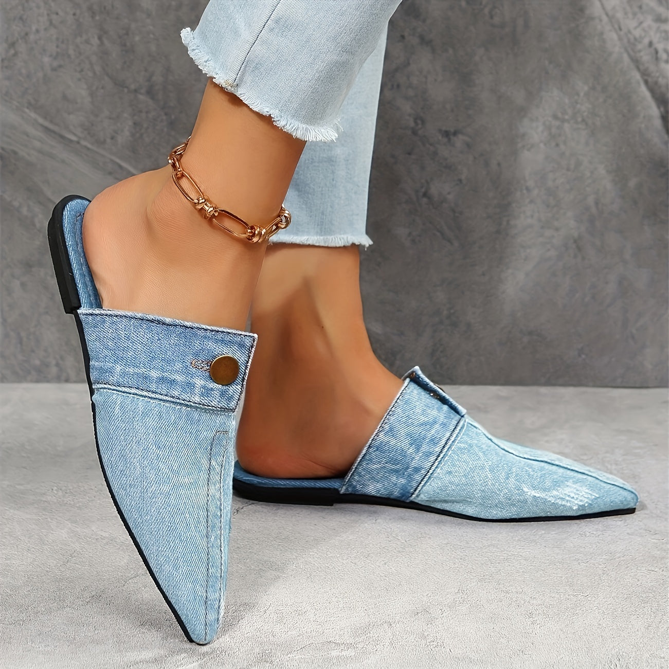 Women's Denim Flat Mules with Pointed Toe Slip-On Casual Outdoor Shoes