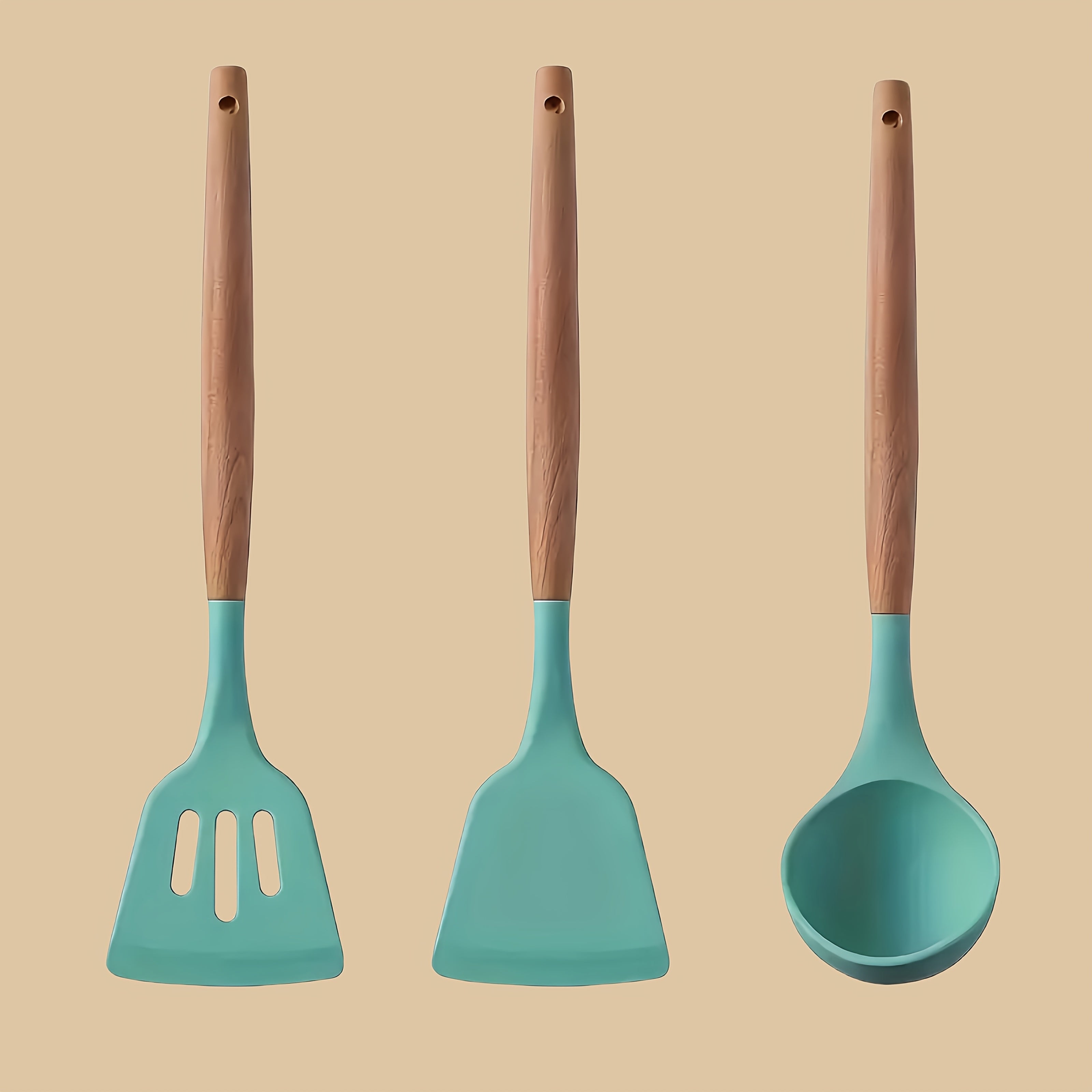 3 ta silikon non-stick pishirish asboblari to'plami, yog'och tutqichlar bilan, issiqlikka chidamli, suv o'tkazmaydigan qopqog'li qopqoq va qoshiq