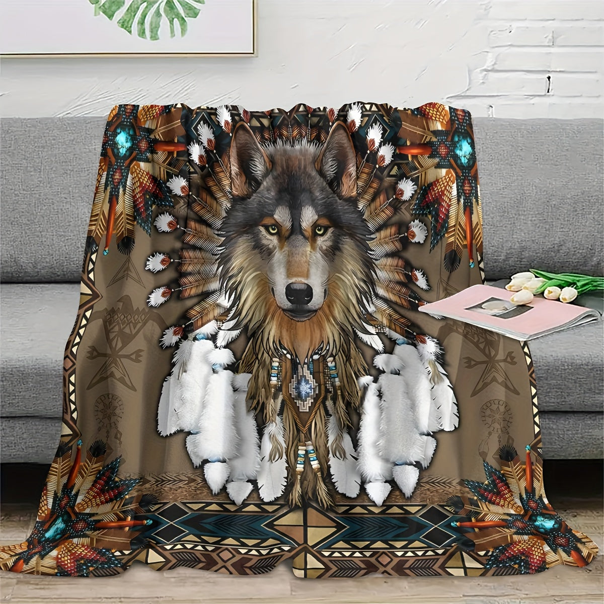Charming Wolf Design Flannel Fleece Blanket with Rustic Native American Style, Digital Print, Cozy and Warm Throw for Home Decor, 1 Piece