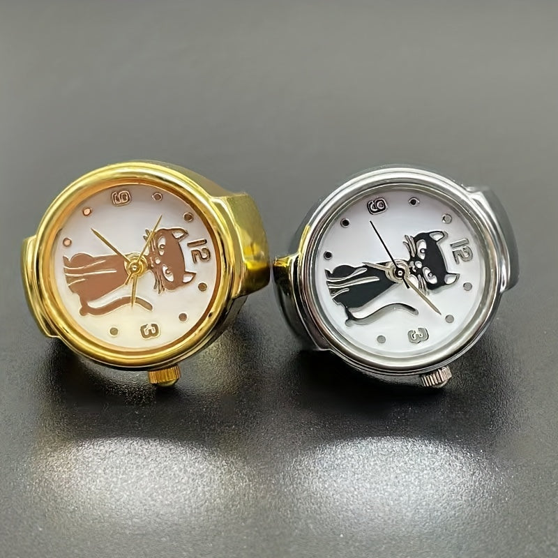 Small Cat Design Round Quartz Watch for Women Gold Silver Finger Ring Style