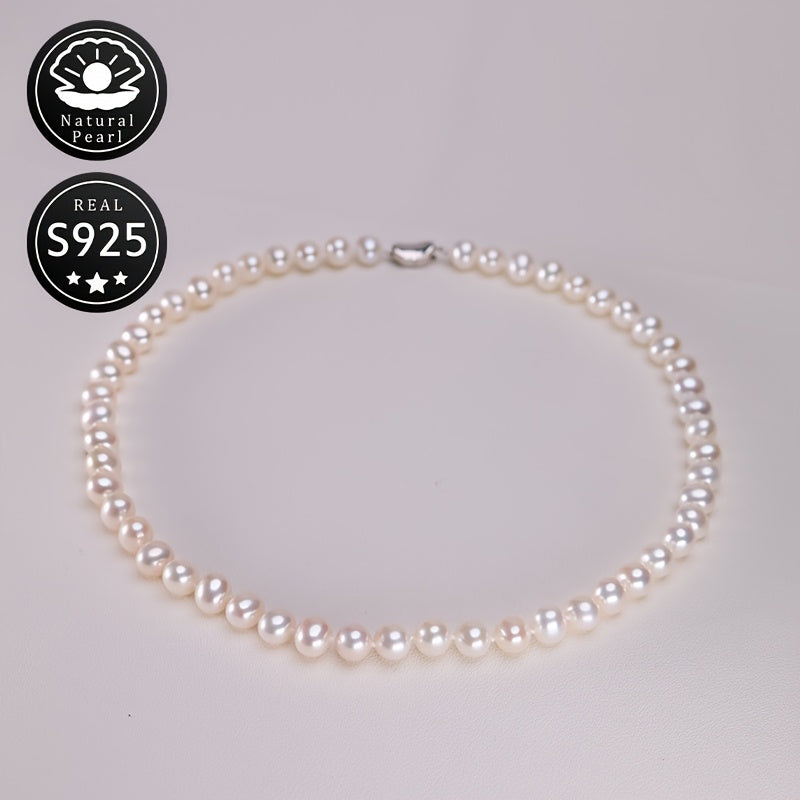 Silver Pearl Necklace with 8-9mm Natural Freshwater Pearls for Women
