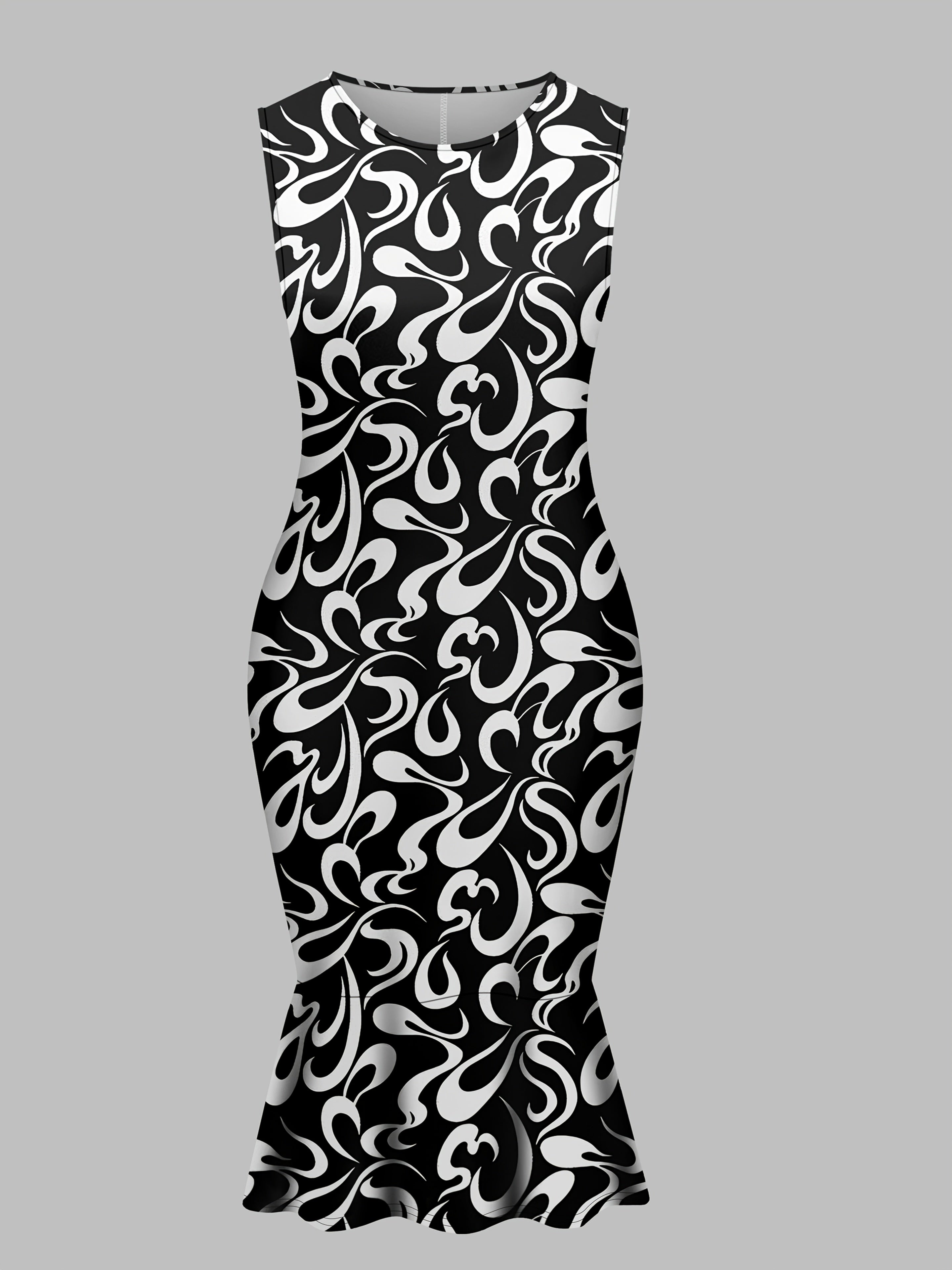 Plus Size White Coat and Black Paisley Print Sleeveless Dress Set Polyester Stretch Elegant