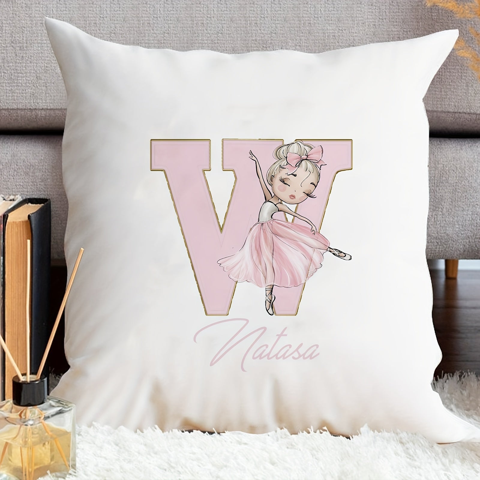 Shaxsiylashtirilgan samoviy yostiq qopqog'i, balet qiz dizayni bilan, pushti harflar, divan uchun dekor, bitta tomonli bosma