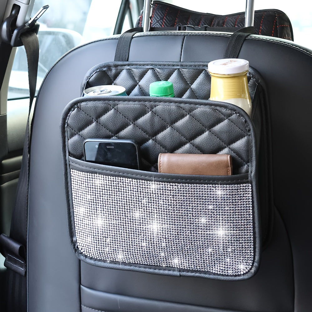 Organizador trasero para asiento de coche, bolsa de almacenamiento de cuero PU brillante para vehículos, negro