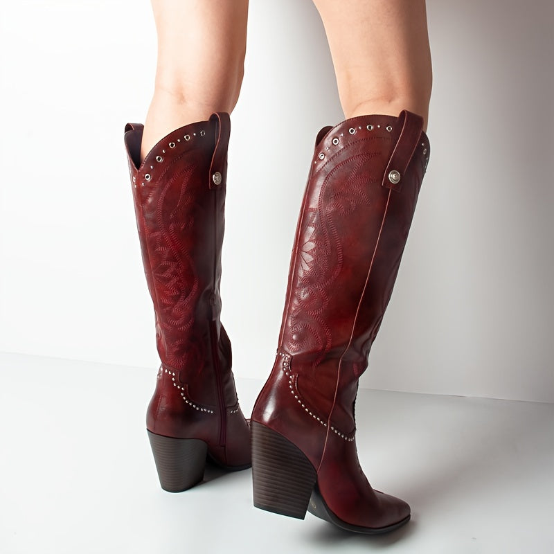 Women's Western Cowgirl Boots Red Knee-High Zipper Chunky Heel Pointed Toe